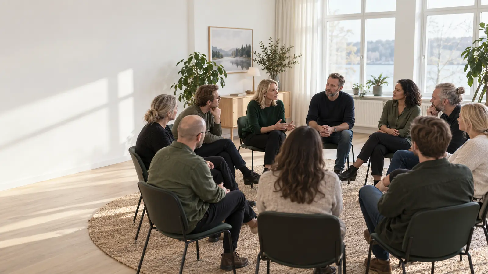 Tio vuxna deltagare i olika åldrar sitter i en cirkel och samtalar
